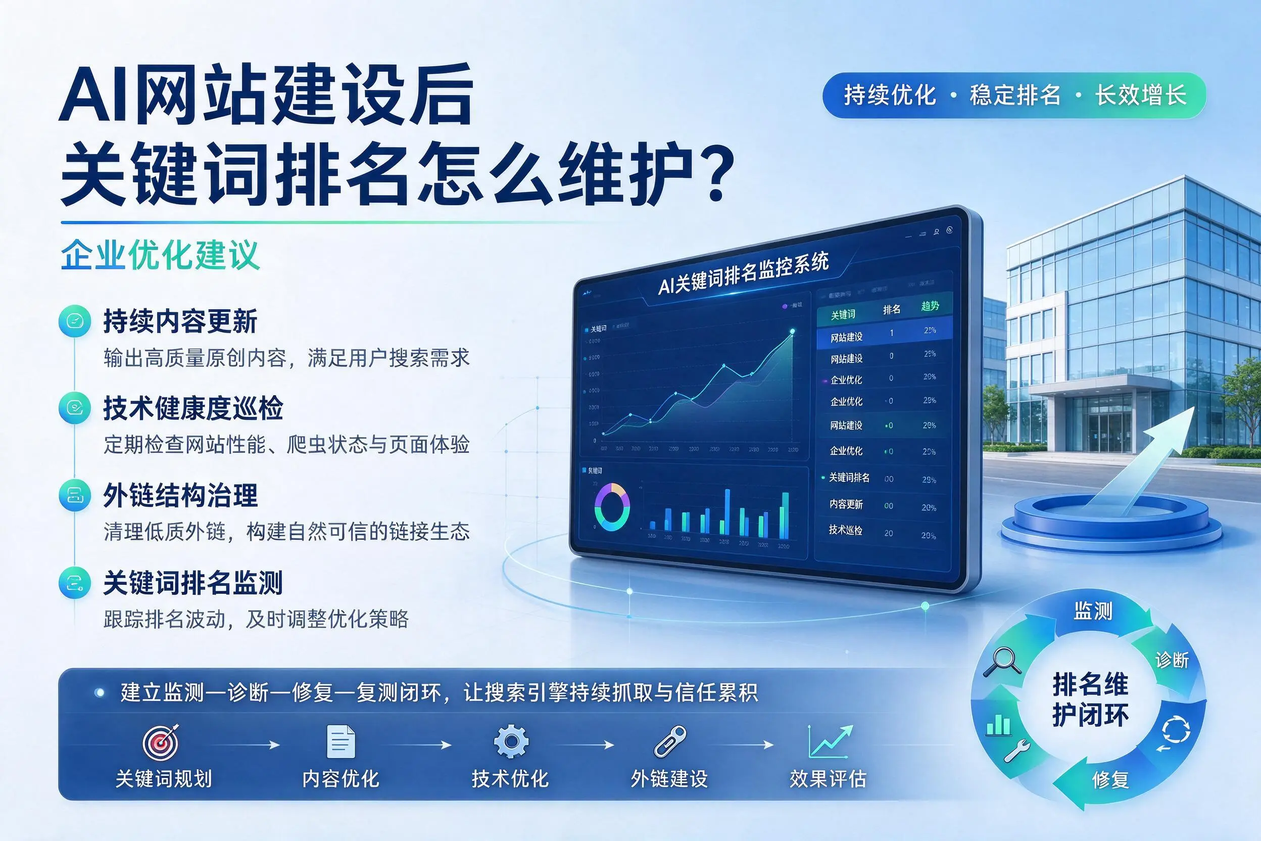 AI网站建设后关键词排名怎么维护？万宁企业优化建议