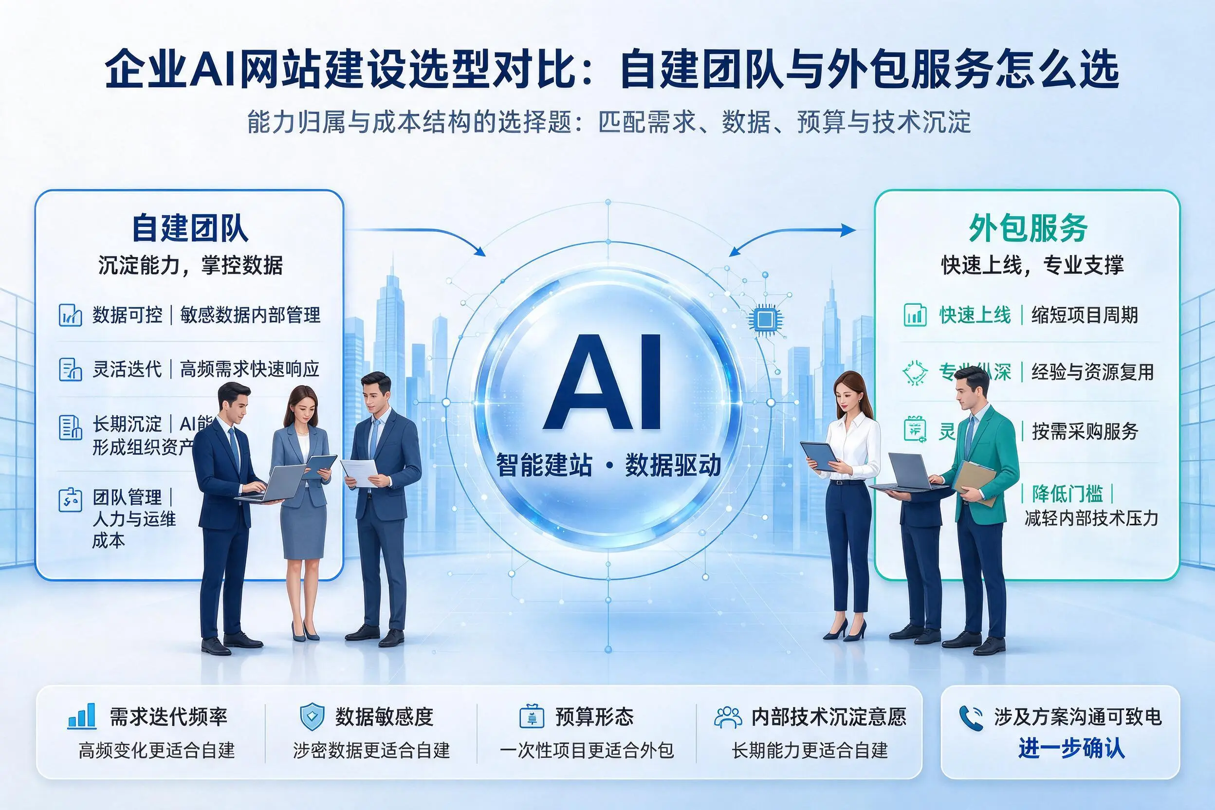 万宁企业AI网站建设选型对比：自建团队与外包服务怎么选
